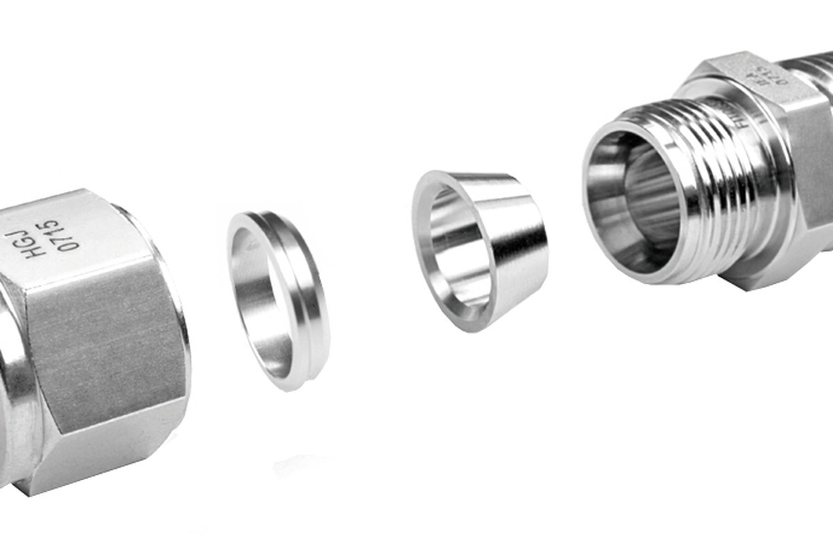 Tube fitting components showing body, ferrule, and nut pieces